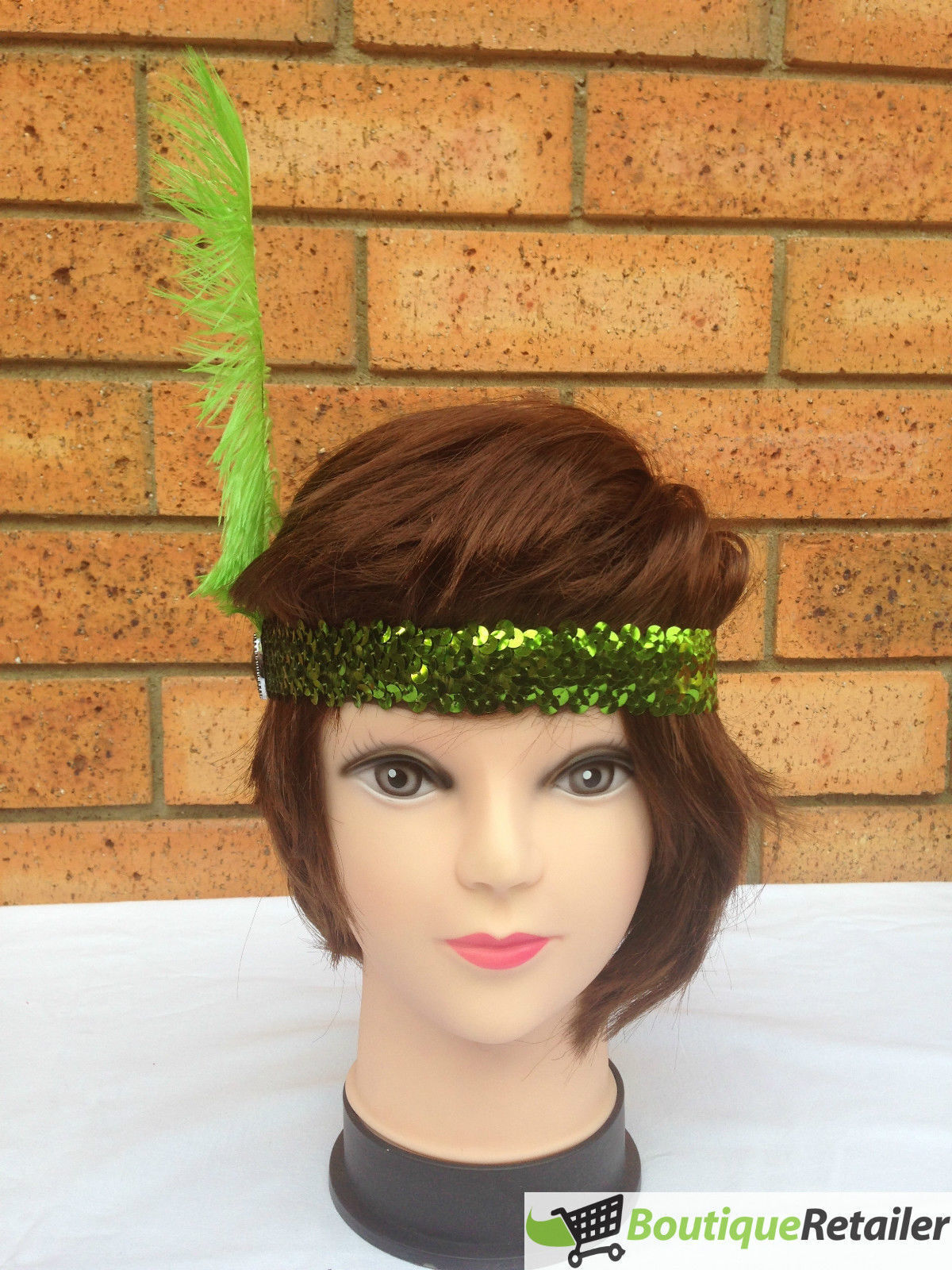 Emerald Elegance Flapper Headband with Feather and Sequin Details