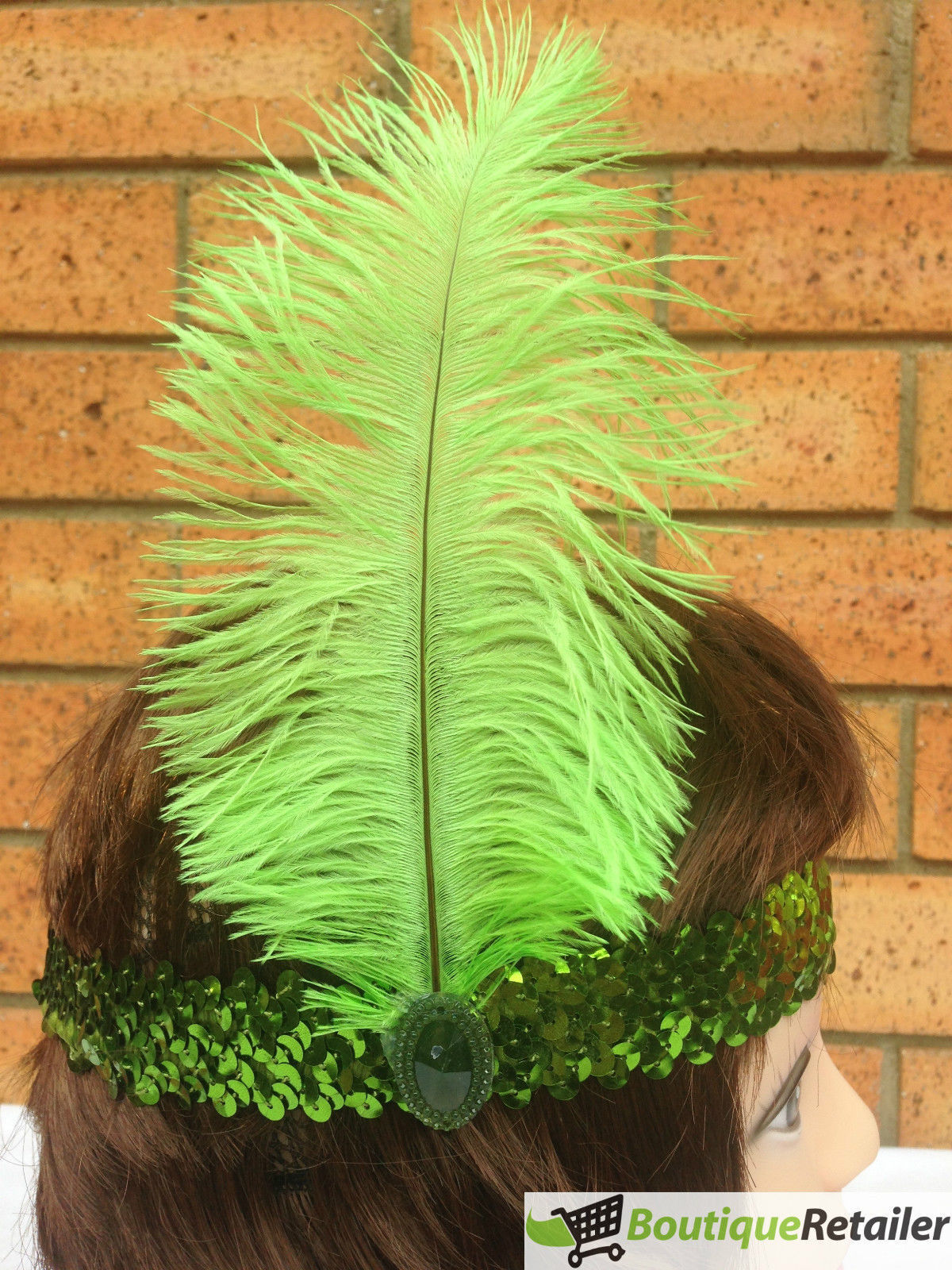 Emerald Elegance Flapper Headband with Feather and Sequin Details