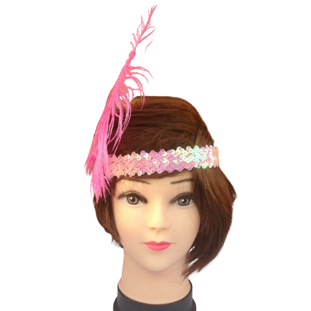 Gatsby Glamour Light Pink Flapper Headband with Feather and Sequin Detailing