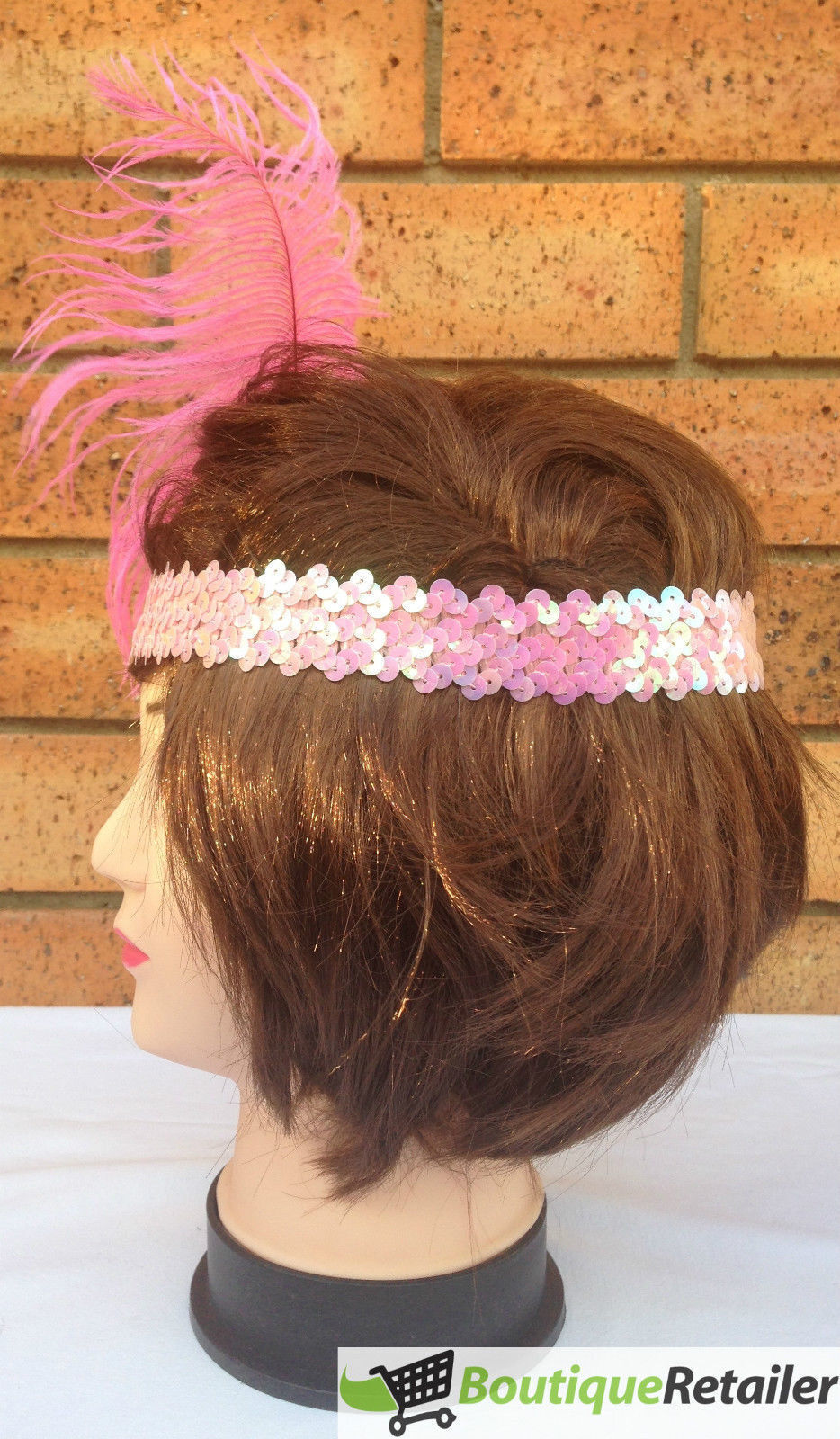 Gatsby Glamour Light Pink Flapper Headband with Feather and Sequin Detailing