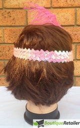 Gatsby Glamour Light Pink Flapper Headband with Feather and Sequin Detailing - 45-Degree Angle