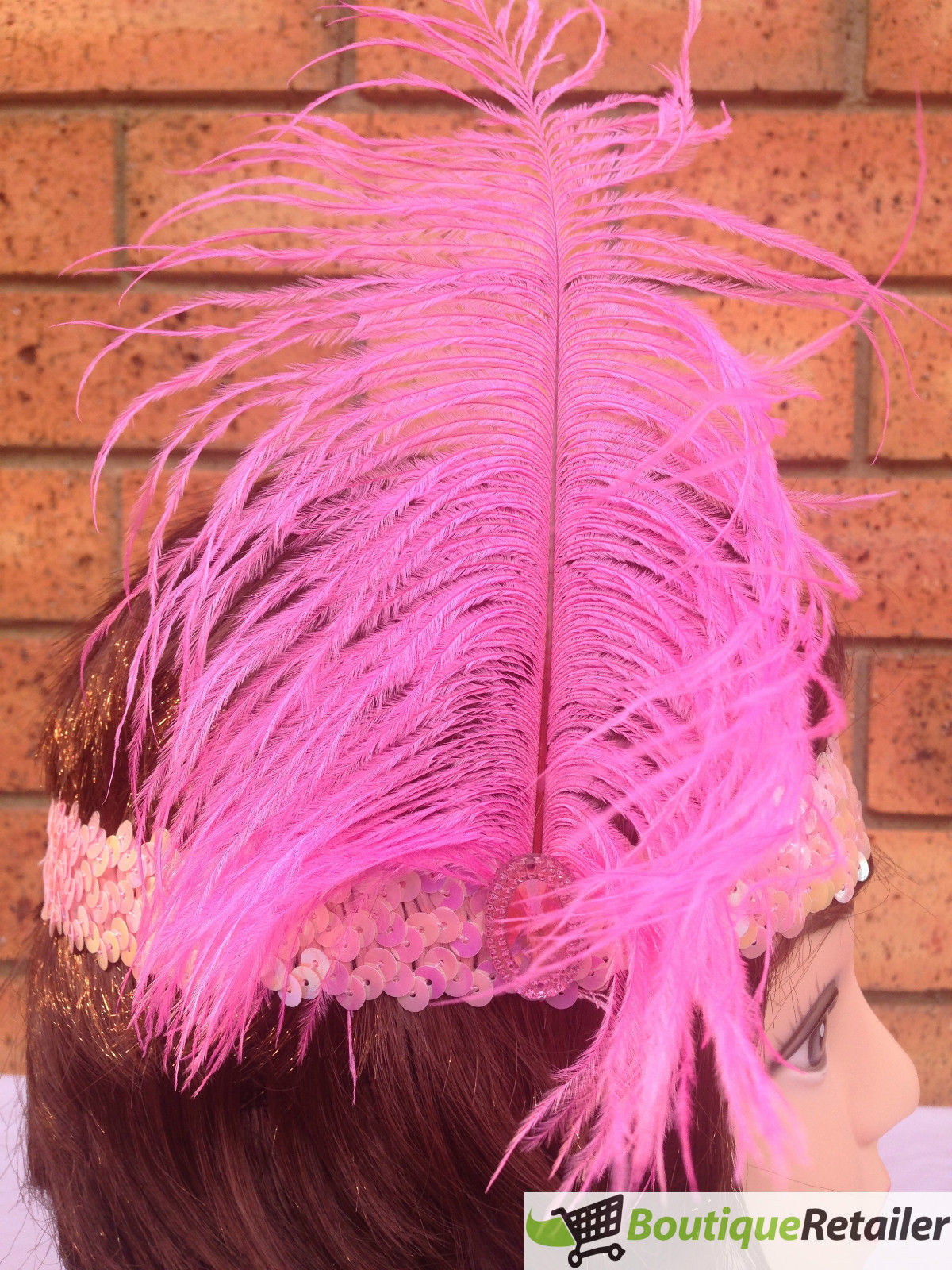 Gatsby Glamour Light Pink Flapper Headband with Feather and Sequin Detailing