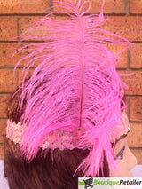 Gatsby Glamour Light Pink Flapper Headband with Feather and Sequin Detailing - Rear View