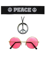 Hippie Kit Set Headband Glasses Pendant Peace Sign Necklace 60s 70s Costume - Front View