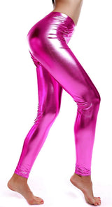 VIBRANT METALLIC DANCE LEGGINGS Shiny Neon Stretch Costume - Hot Pink