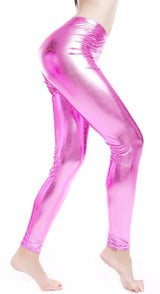 VIBRANT METALLIC LEGINGS Neon Shimmer Stretch Dance Outfit Fancy Dress Party - Light Pink