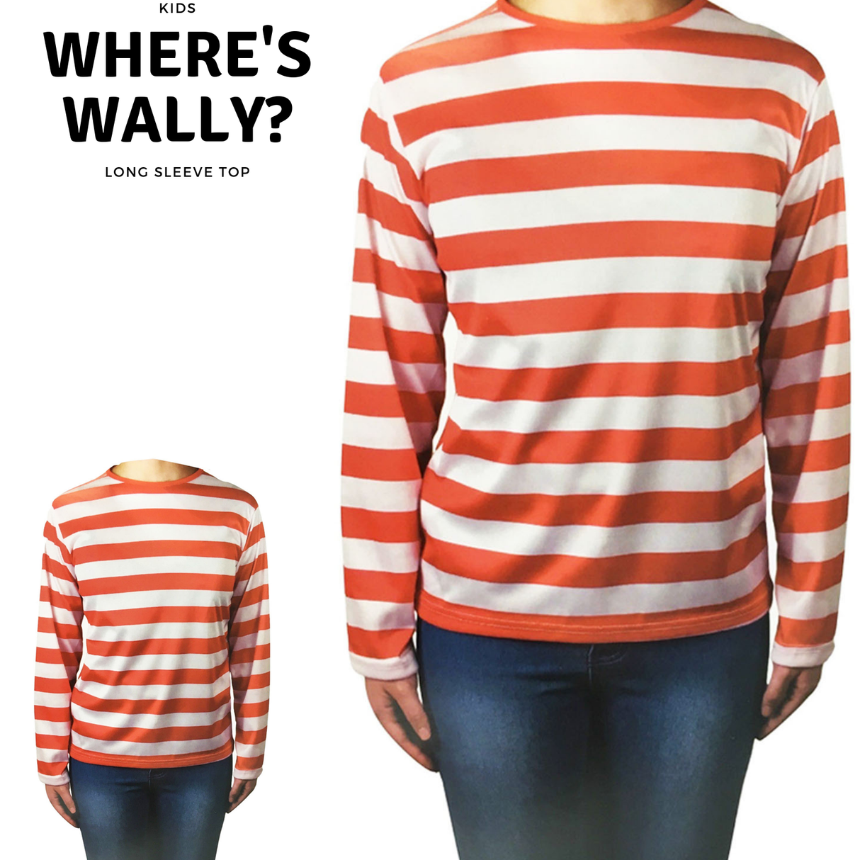 Kids' Wenda Waldo Costume Top - Red and White Striped Long Sleeve Shirt for Parties - Size Large (10-12 Years)