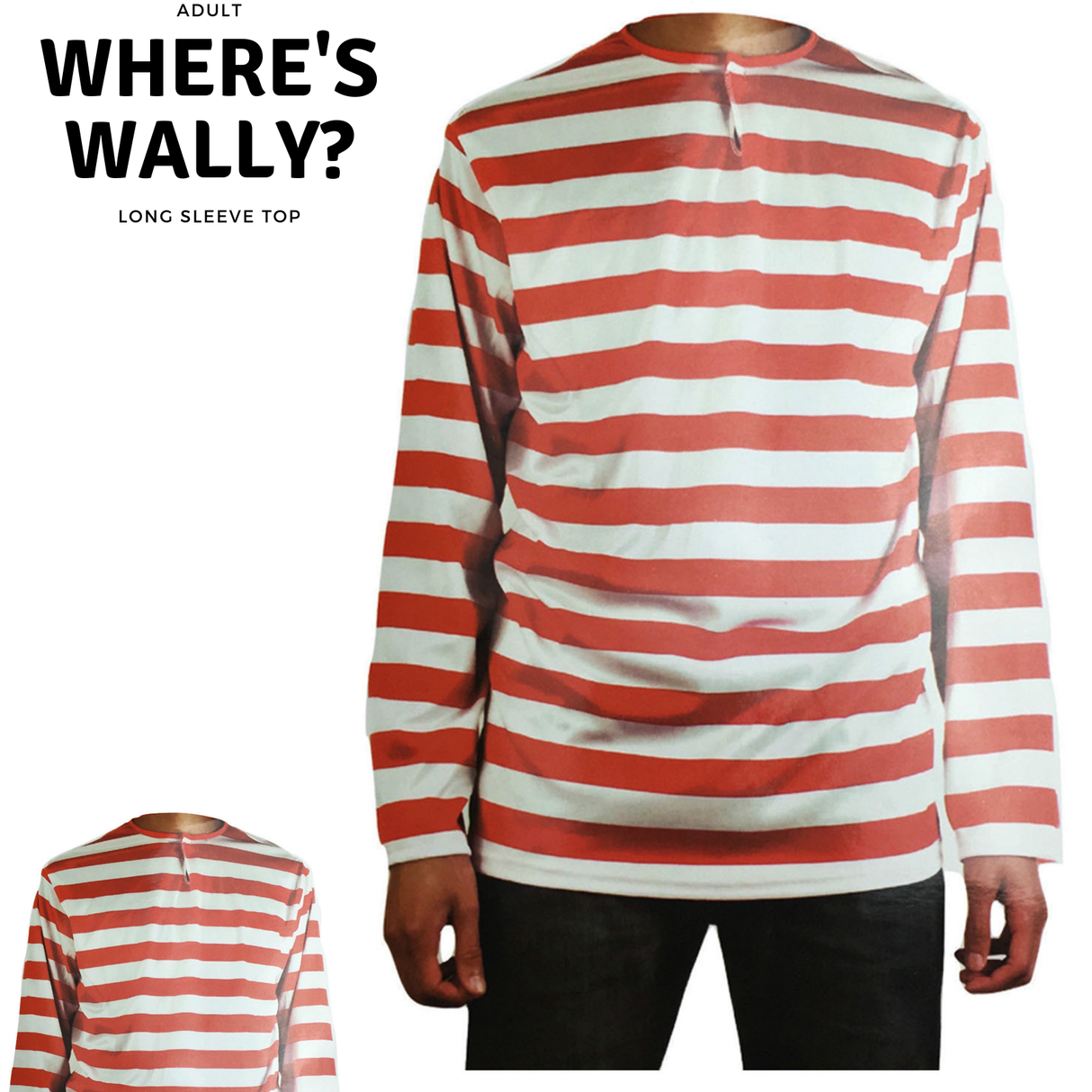 Wheres Wally Adults Costume Red and White Striped Long Sleeve Top - Large Size Dress Up Shirt