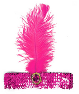 Vibrant Fuchsia 1920s Flapper Headband with Feather and Sequin Embellishments