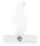 Chic 1920s White Flapper Headband with Ostrich Feather & Sparkling Sequin Detail - Perfect for Charleston Events