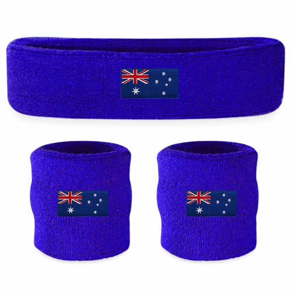 WRISTBAND & HEADBAND SET Tennis Terry Towelling Cotton Sweat Band Team Gym  - Australia Flag