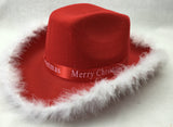 CHRISTMAS HAT Wide Brim Santa Xmas Party Costume Cowboy Fedora Red Fur Cap - Side View