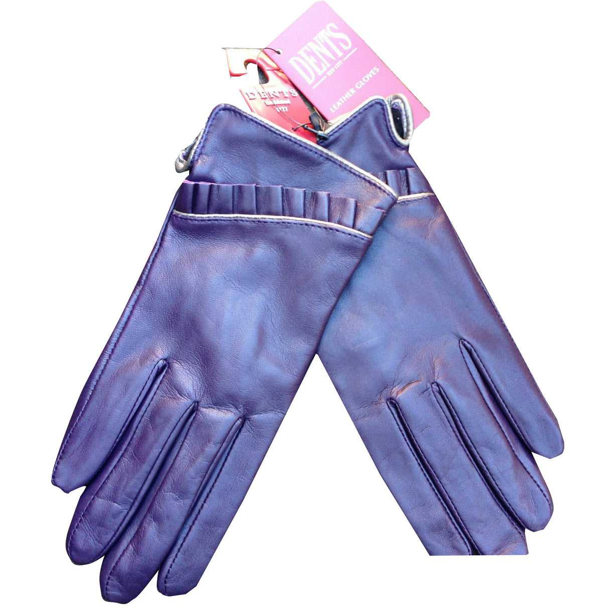 DENTS Women's Ruffle Piping Sheepskin Gloves for Driving in Purple Cognac - Large Size