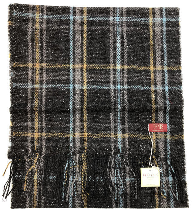 DENTS Woven Checked Scarf w Fringed Edges Wool Blend MADE IN ITALY - Charcoal