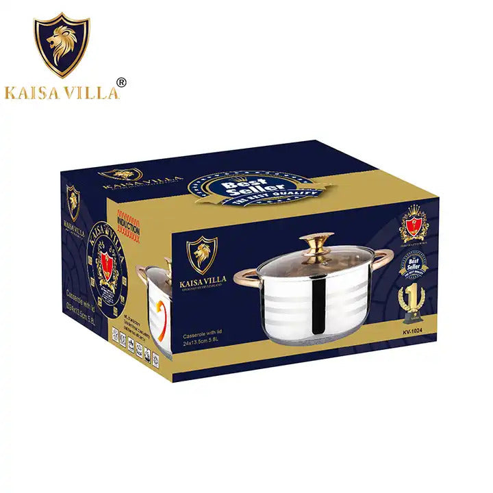 Kaisa Villa Induction-Ready 5.8L Stainless Steel Casserole Pot with Gold Handles