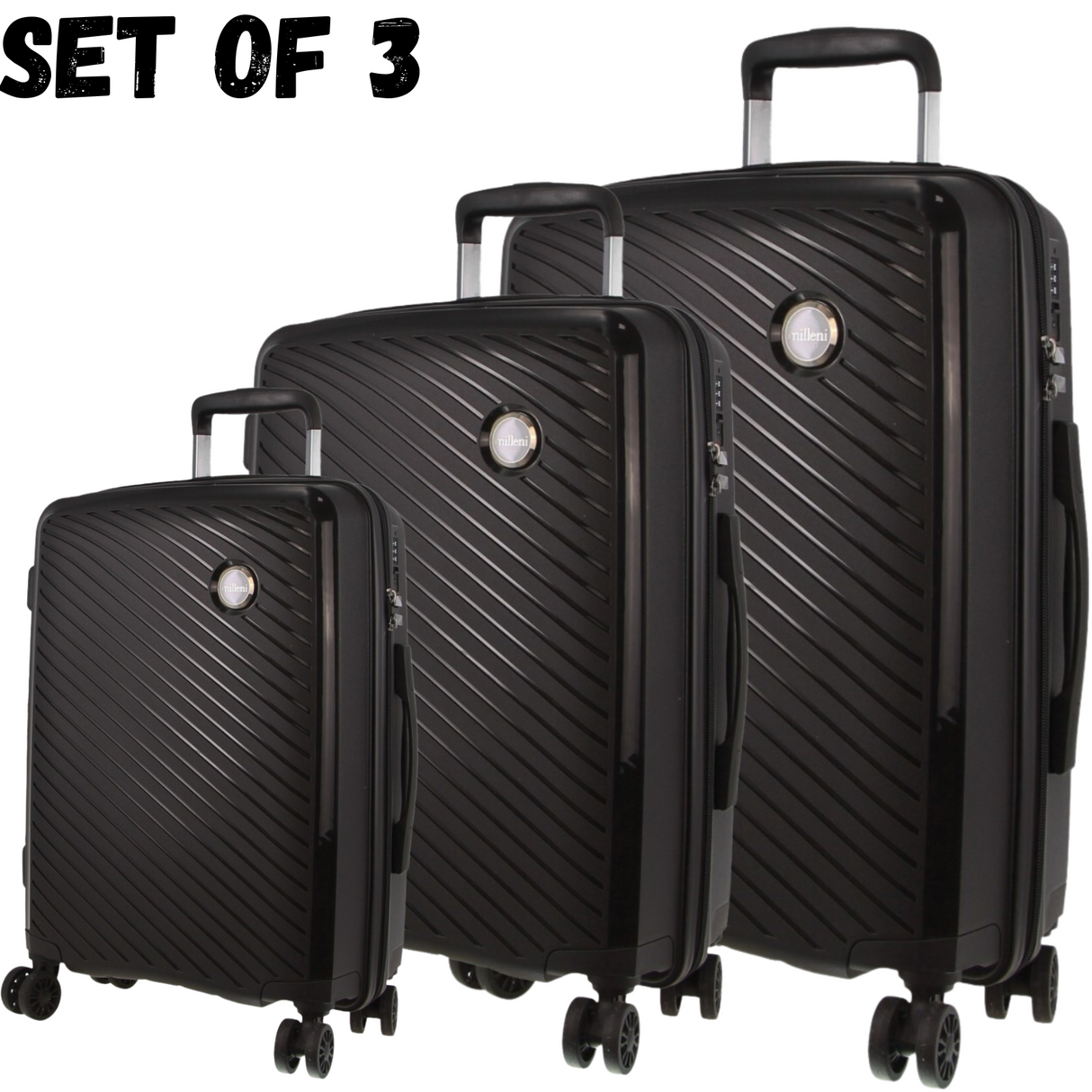 Milleni 3-Piece Hardshell Luggage Set - Black - Inspired by Pierre Cardin