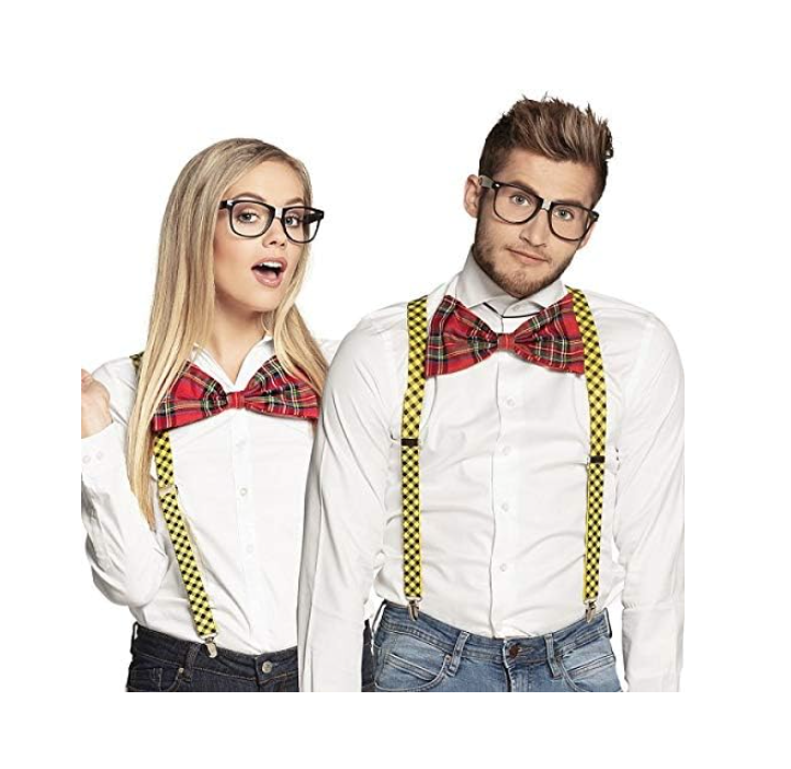 Geeky Costume Accessory Set - Retro Nerd Glasses, Bow Tie & Suspenders for Dress Up Parties