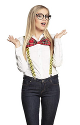 Geeky Costume Accessory Set - Retro Nerd Glasses, Bow Tie & Suspenders for Dress Up Parties