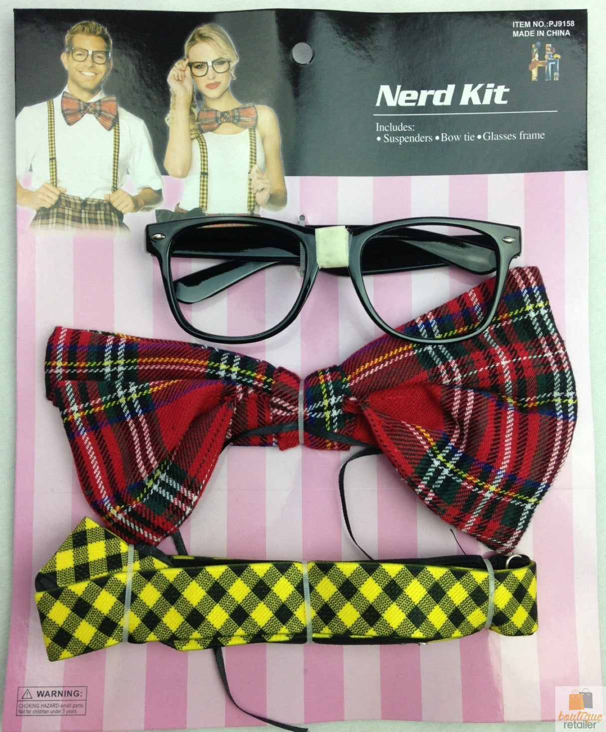 Geeky Costume Accessory Set - Retro Nerd Glasses, Bow Tie & Suspenders for Dress Up Parties