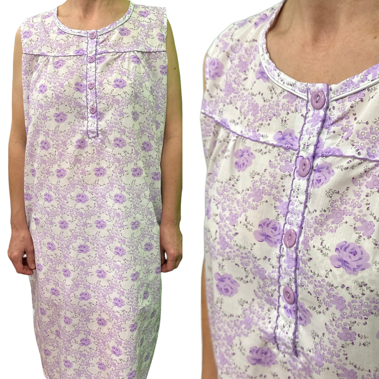 Womens 100% Cotton Sleeveless Nightie Gown Night Dress Pyjamas PJ Pajamas Sleep - Lilac - 12