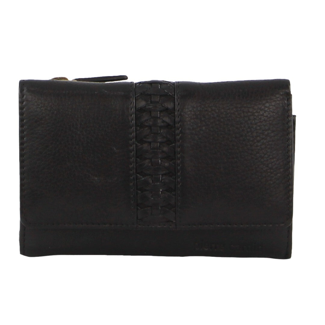 Pierre Cardin Women's Black Leather Woven Tri-fold Wallet with RFID Protection