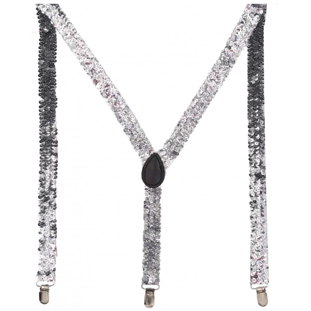 Elegant Adjustable Clip-On Suspenders for Men and Women - Silver Sequin Style for Formal and Wedding Occasions