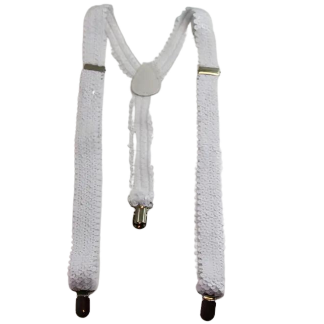 Glamorous White Sequin Clip-On Suspenders for Men and Women - Adjustable Slim Elastic Braces for Weddings and Formal Events