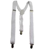 Glamorous White Sequin Clip-On Suspenders for Men and Women - Adjustable Slim Elastic Braces for Weddings and Formal Events