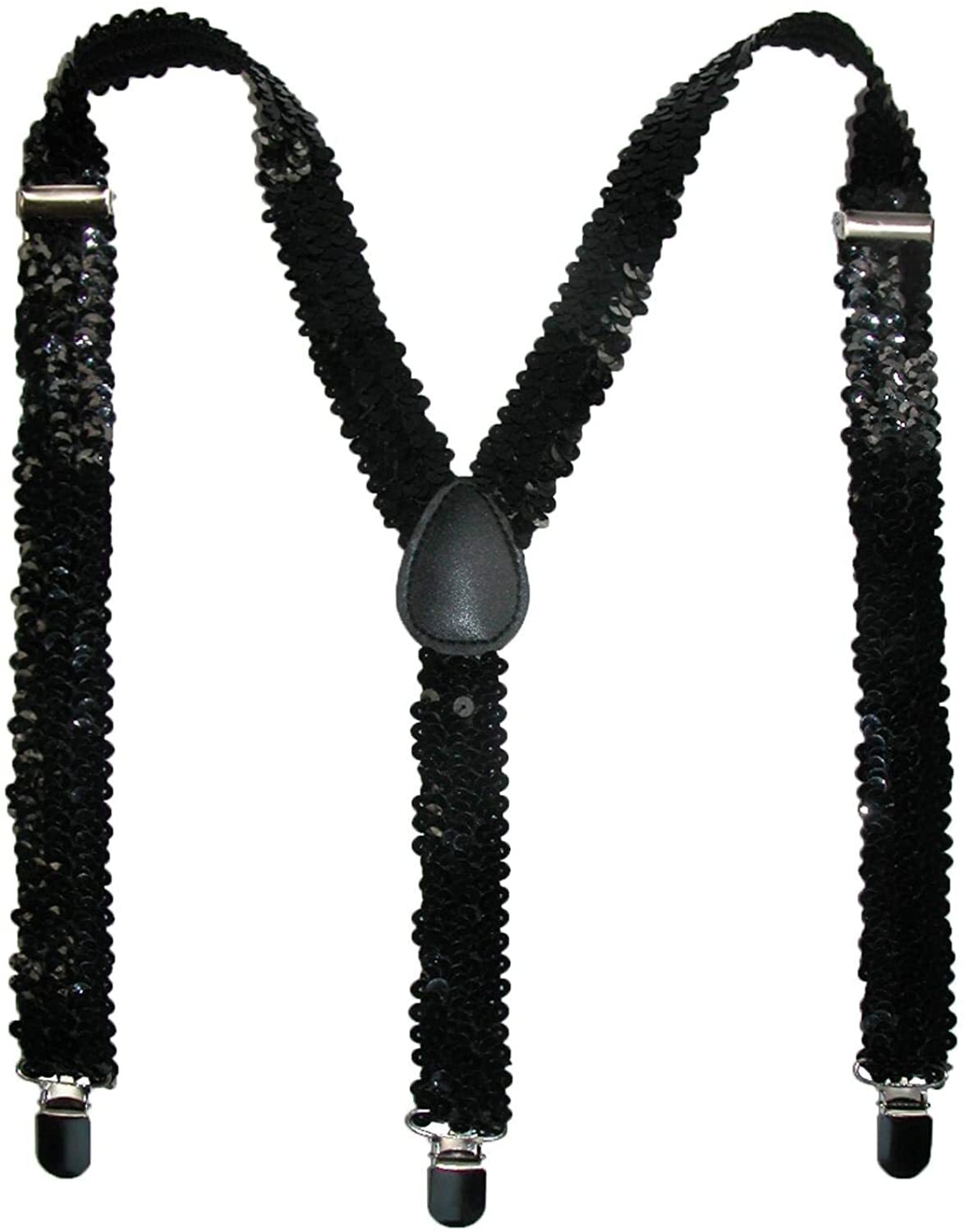 Unisex Sequin Y-Back Clip-On Suspenders - Adjustable Braces in Black