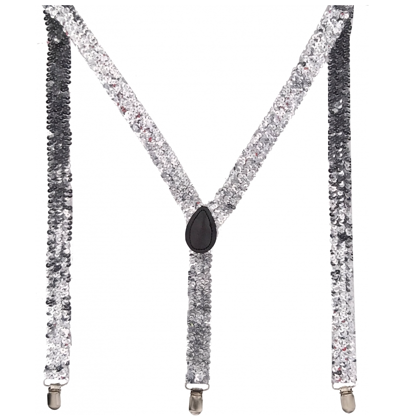 Sparkling Unisex Y-Back Sequin Suspenders - Silver Clip-On Braces