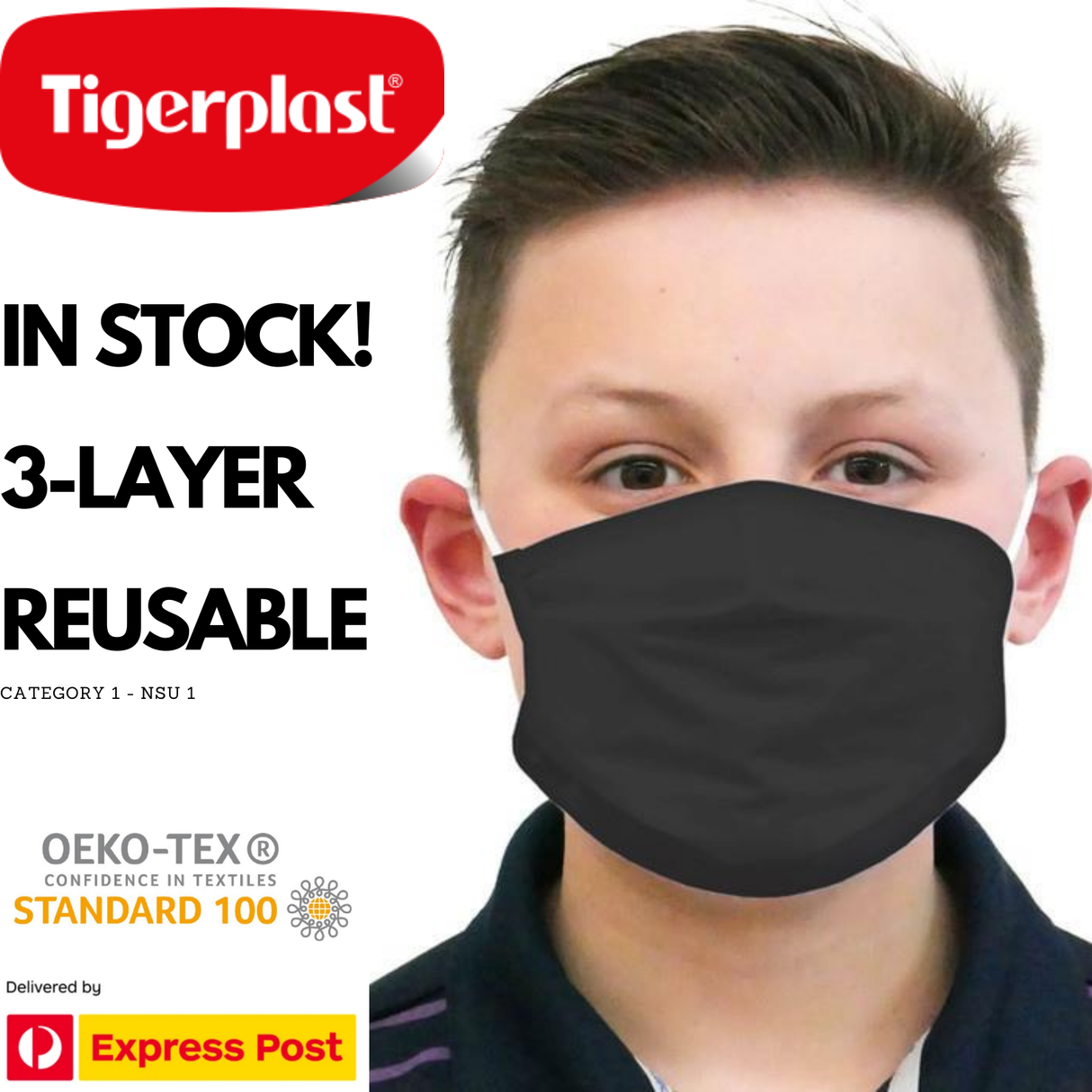 3x Tigerplast Kids Fabric Face Mask Washable Reusable Mask Protect Cover - Black