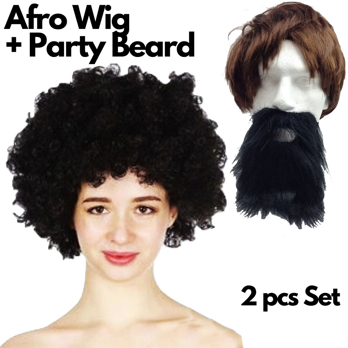 Deluxe 2pc Black Jumbo Afro Wig & Party Beard Moustache Costume Set