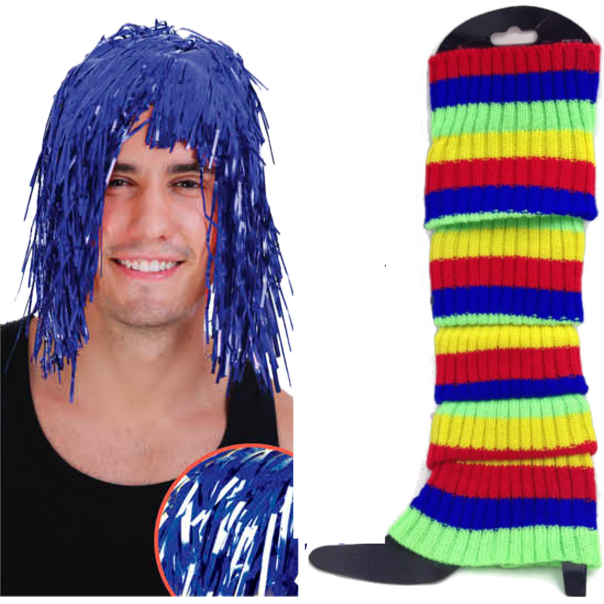 Disco Delight: Blue Tinsel Wig & Rainbow Leg Warmers Costume Set