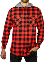 Men's Hooded Flannel Shirt - Long Sleeve Cotton Flannelette in Red/Black - Size L