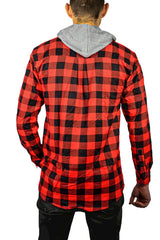 Men's Hooded Flannel Shirt - Long Sleeve Cotton Flannelette in Red/Black - Size L