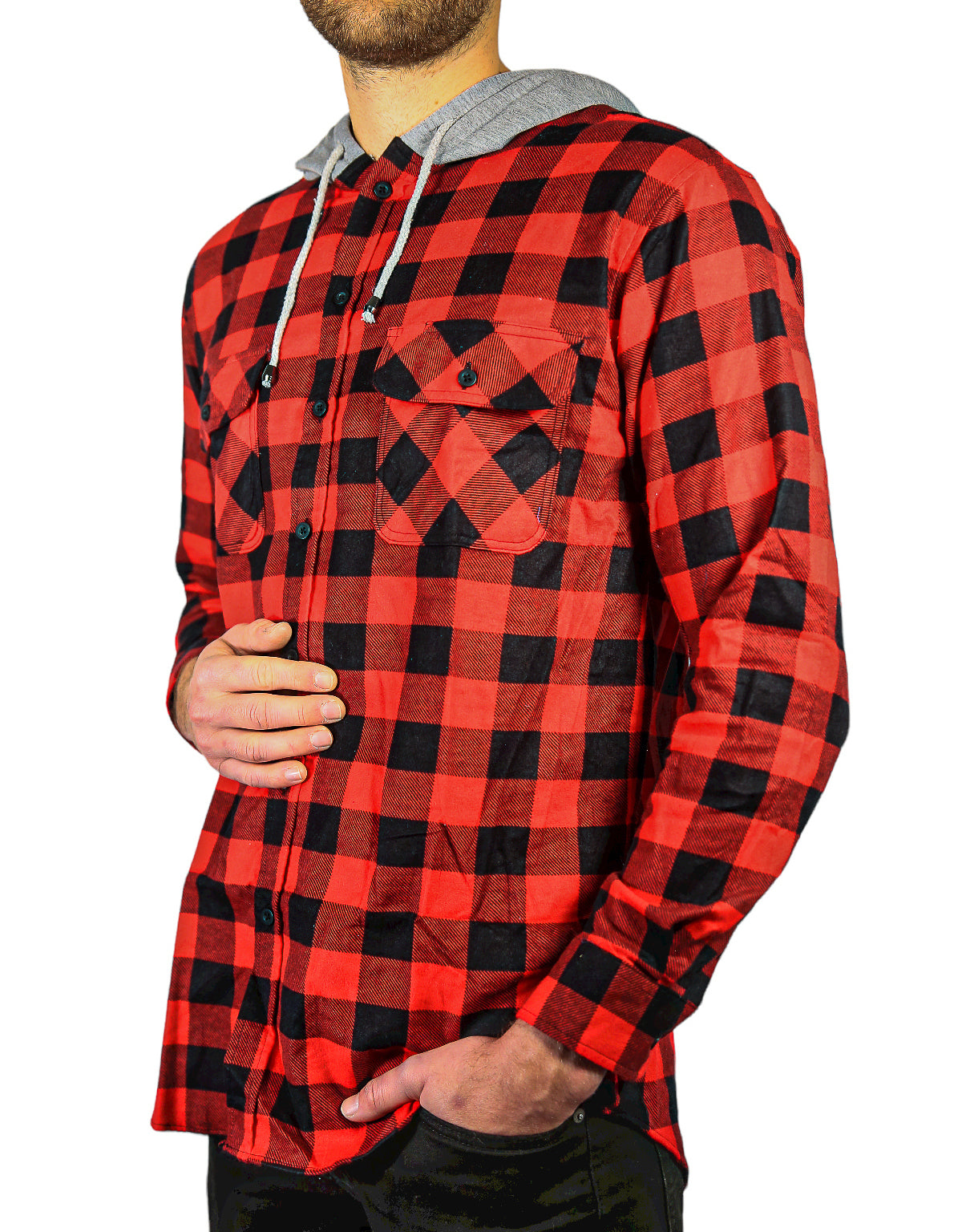 Men's Hooded Flannel Shirt - Long Sleeve Cotton Flannelette in Red/Black - Size L