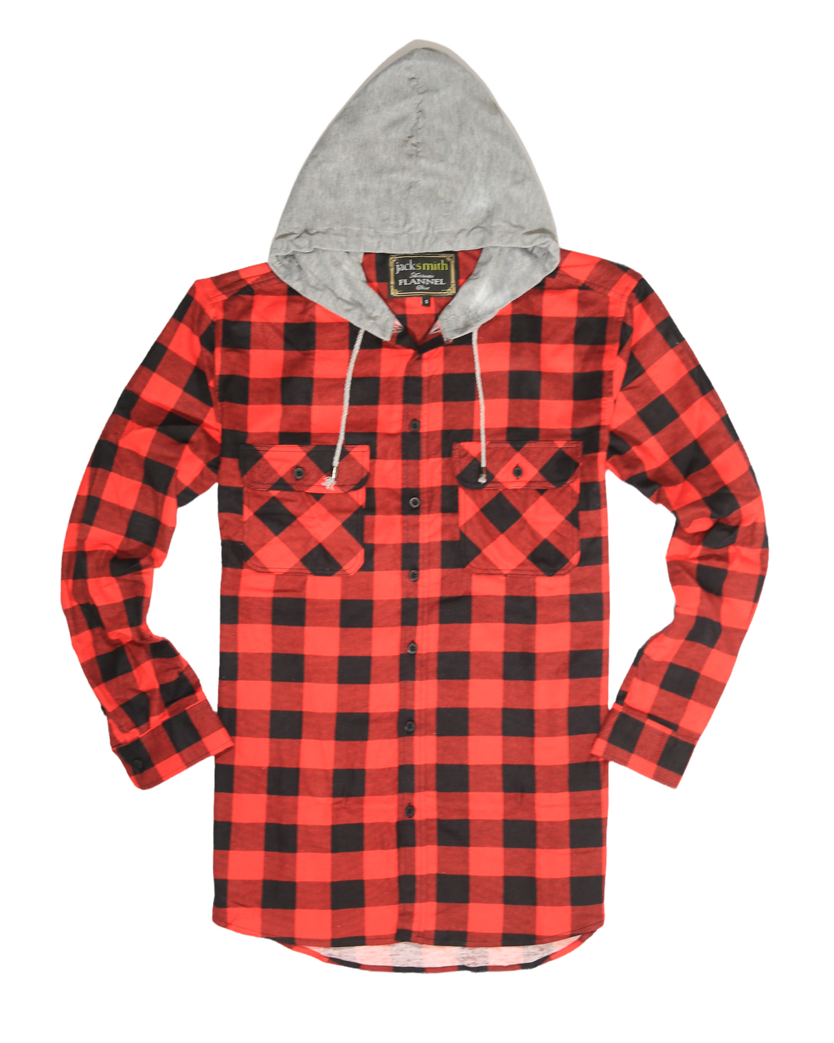 Men's Hooded Flannel Shirt - Long Sleeve Cotton Flannelette in Red/Black - Size L