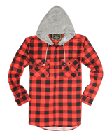 Men's Hooded Flannel Shirt - Long Sleeve Cotton Flannelette in Red/Black - Size L