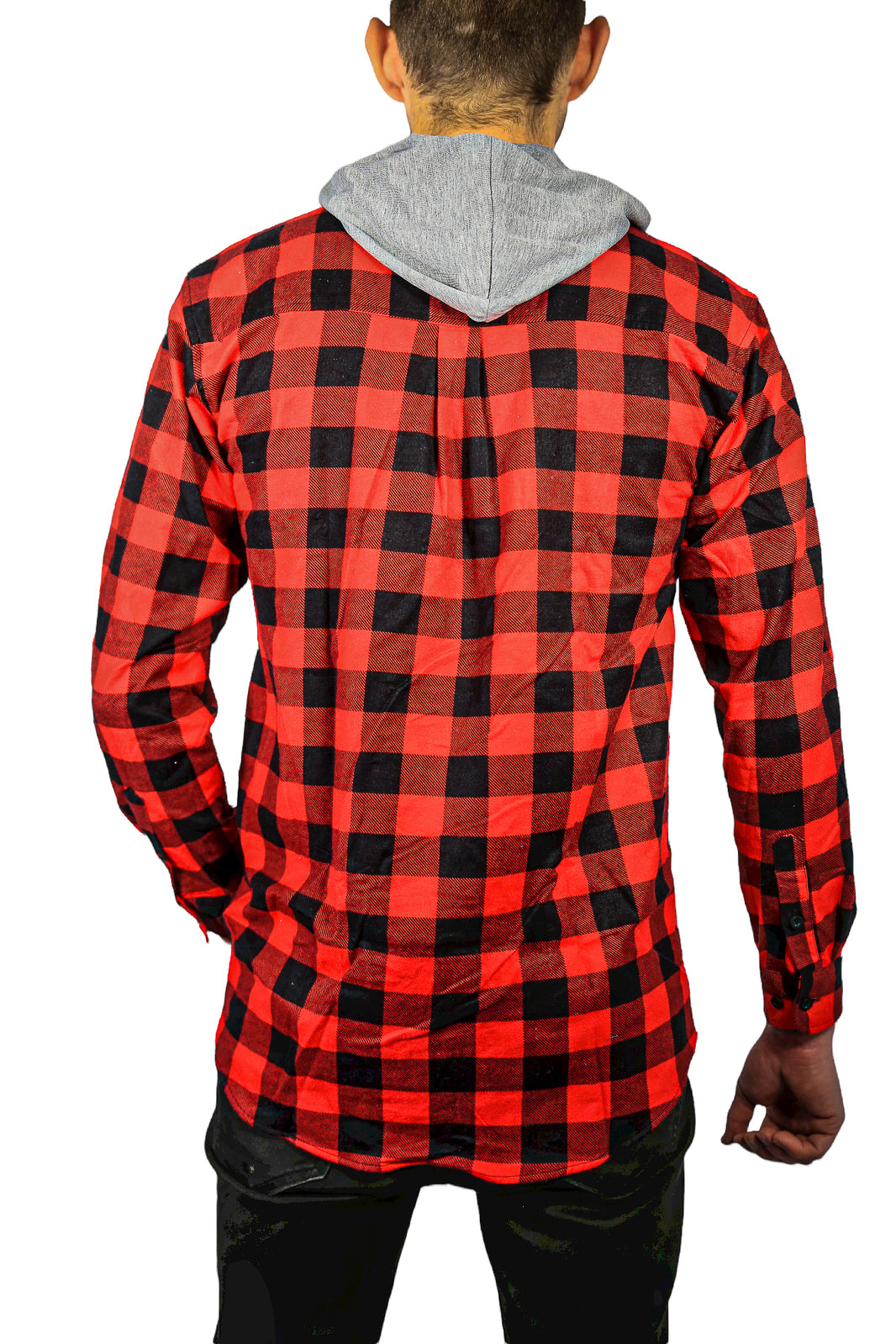 Men's Hooded Flannelette Shirt with Long Sleeves - Red/Black - Size M