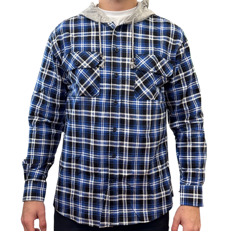 Mens Cotton Flannelette Shirt w Jersey Hood Long Sleeve Flannel - Denim - M