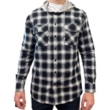 Men's Hooded Flannelette Shirt - Long Sleeve Cotton Flannel - Black - 2XL