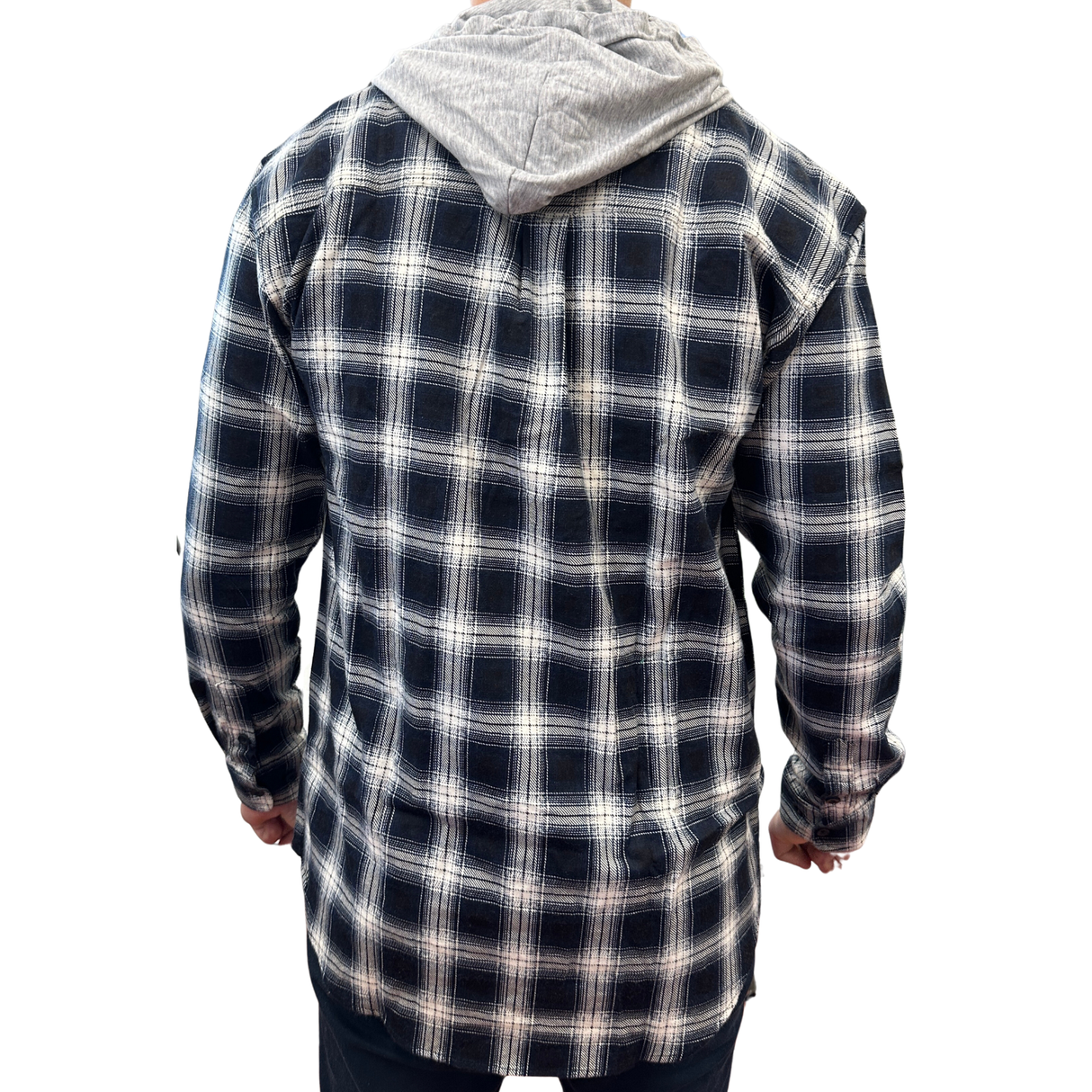 Men's Hooded Flannelette Shirt - Long Sleeve Cotton Flannel - Black - 2XL