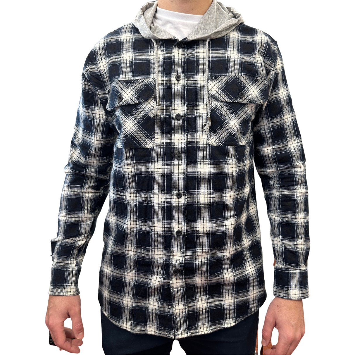 Men's Hooded Flannelette Shirt with Jersey Hood - Long Sleeve Cotton Flannel - Black - Large