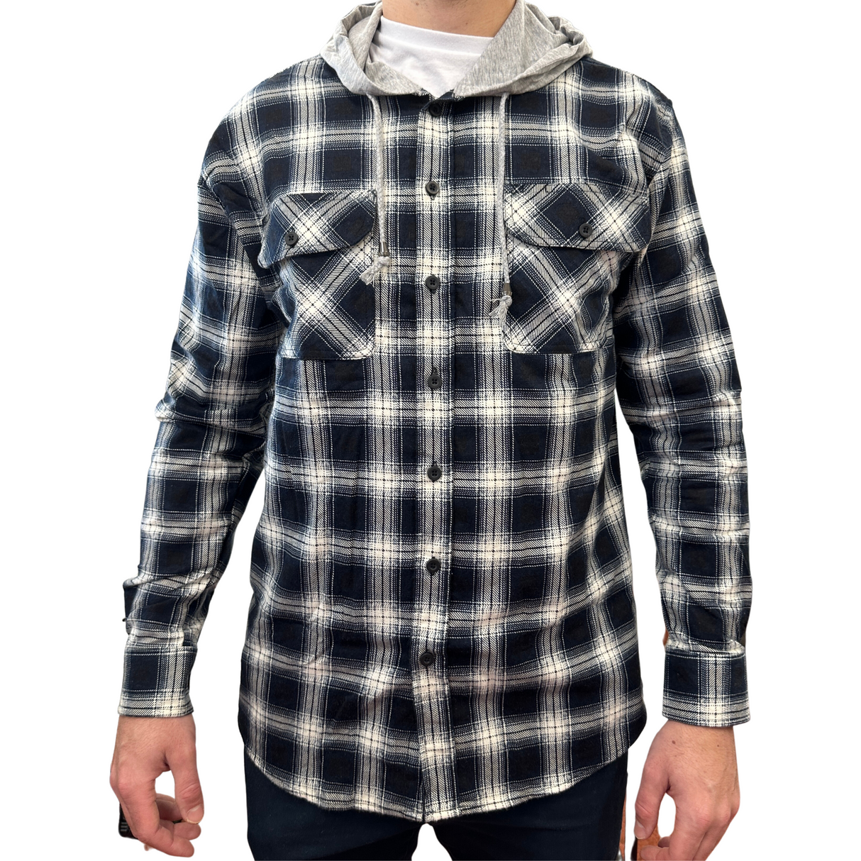 Men's Black Cotton Flannel Shirt with Jersey Hood - Long Sleeve - Size M