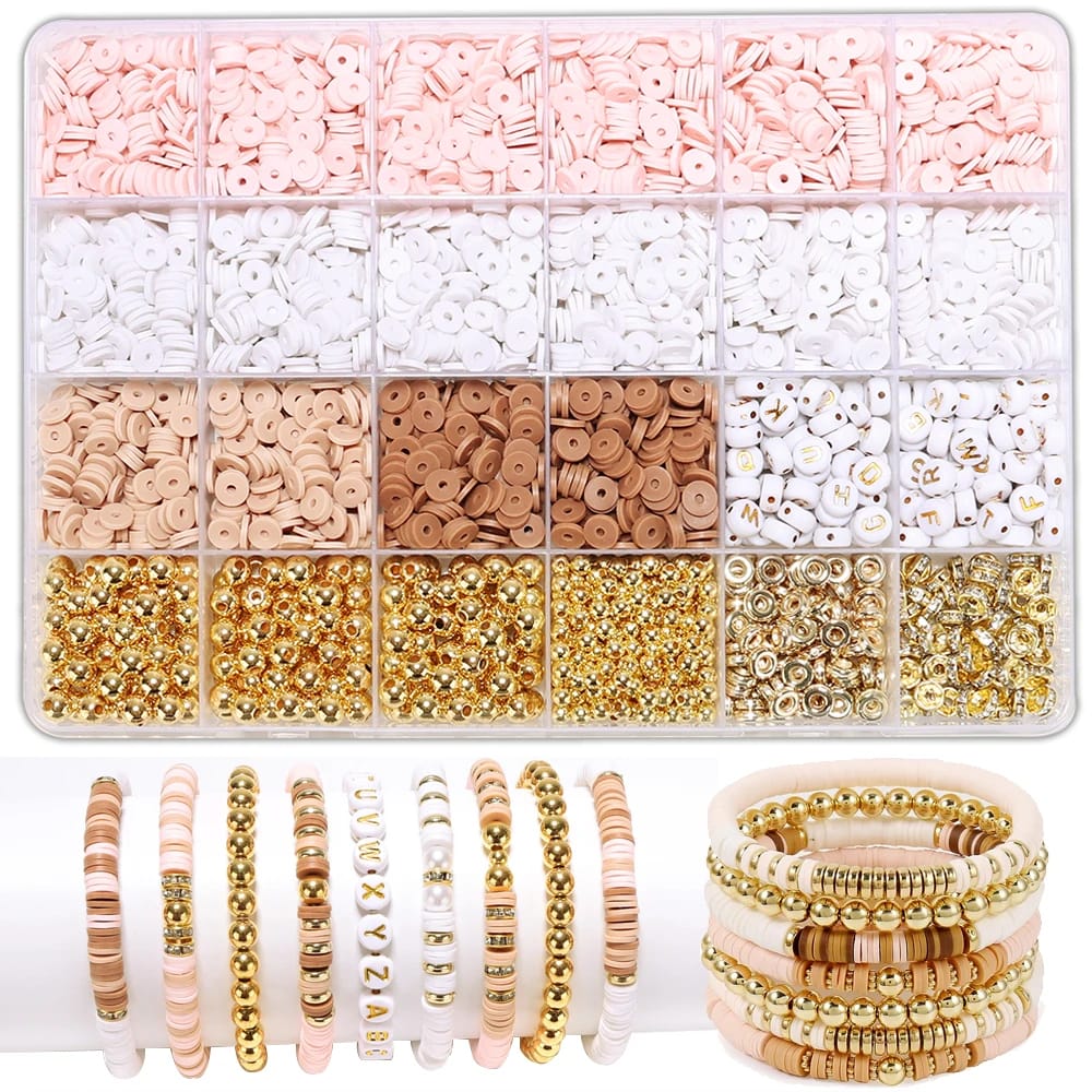 Elegant Clay Beads DIY Kit with Golden, Pink, and White Beads for Custom Jewelry and Friendship Bracelets