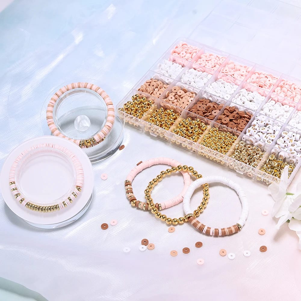 Elegant Clay Beads DIY Kit with Golden, Pink, and White Beads for Custom Jewelry and Friendship Bracelets