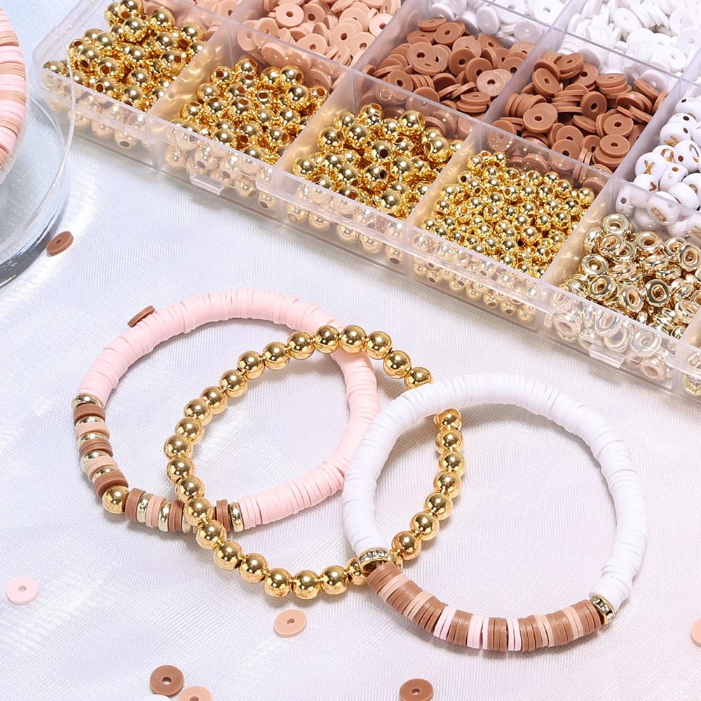 Elegant Clay Beads DIY Kit with Golden, Pink, and White Beads for Custom Jewelry and Friendship Bracelets