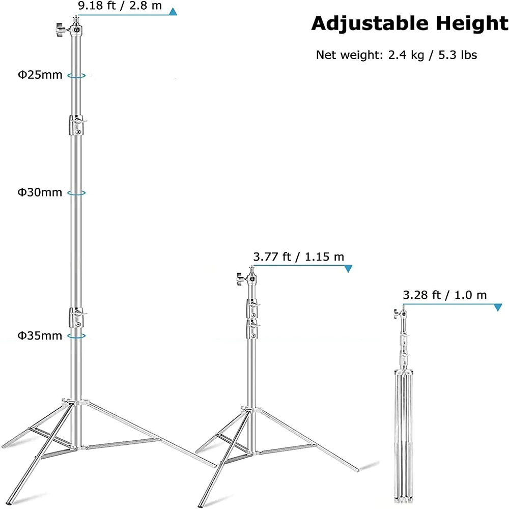 Set of 3 Heavy Duty 260cm Stainless Steel Light Stands for Photography and Videography