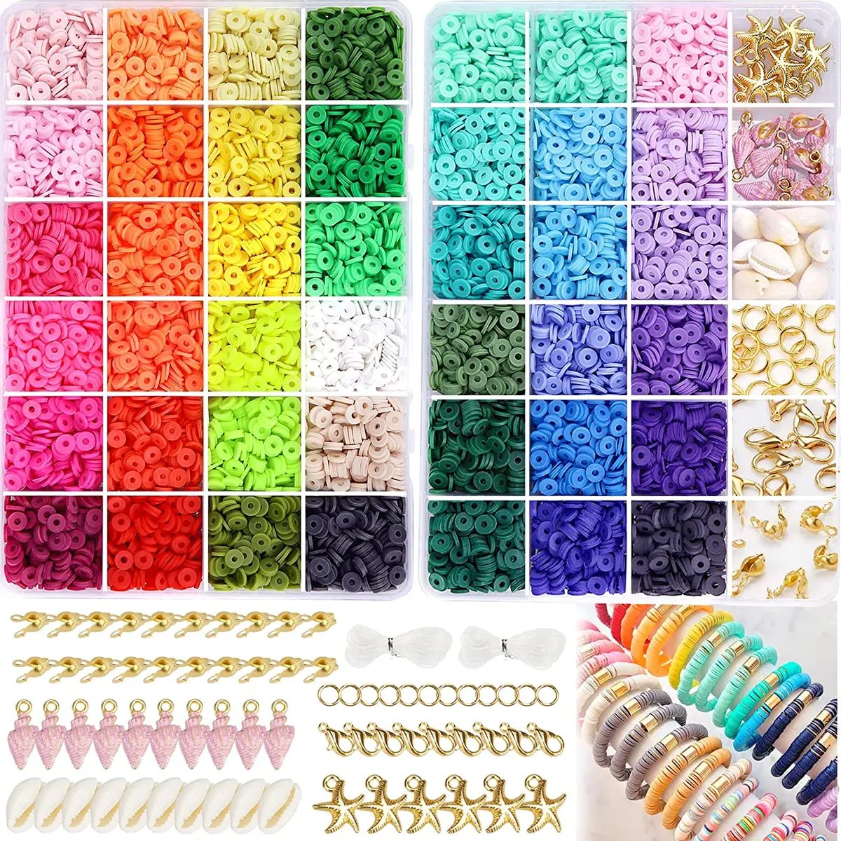 10500-Piece Vibrant Polymer Clay Beads Kit with 42 Colors and Charms for Jewelry Making - Round and Flat Heishi Disc Beads