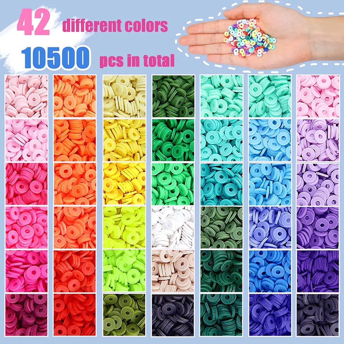 10500-Piece Vibrant Polymer Clay Beads Kit with 42 Colors and Charms for Jewelry Making - Round and Flat Heishi Disc Beads